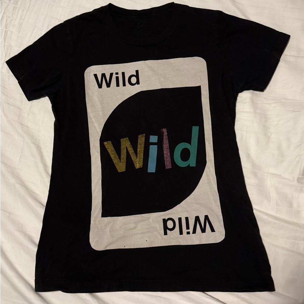 Graphic Black Tee with Colorful UNO Card 'Wild' Design